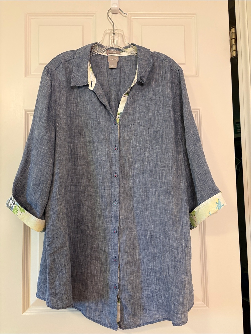 Chico's Chambray Blue Button-Front Tunic with Printed Trim